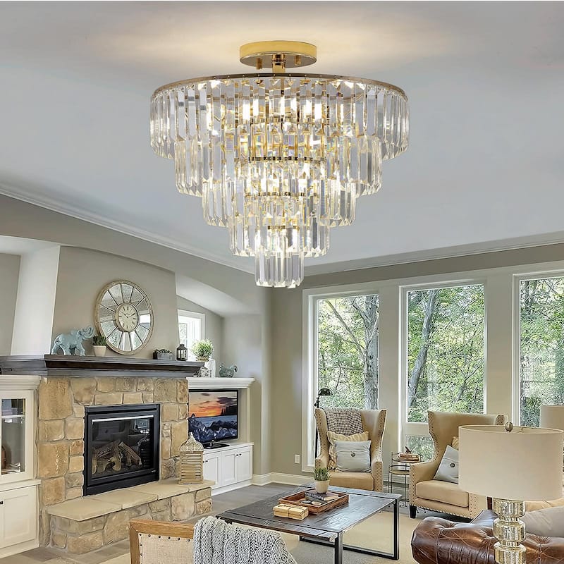 Gold Crystal Chandelier - 5-Tier Round Semi Flush Mount Light Fixture