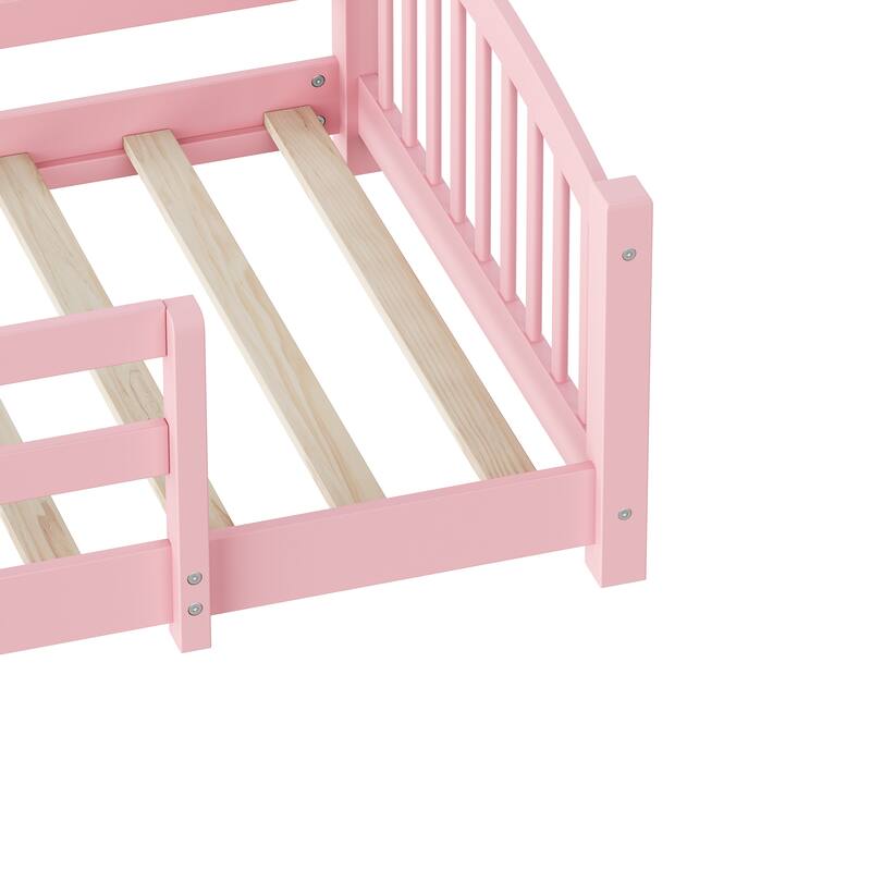 Montessori Floor Bed with Fence - Full/Twin Solid Wood, Slats & Safety Guardrails, Easy Assemble