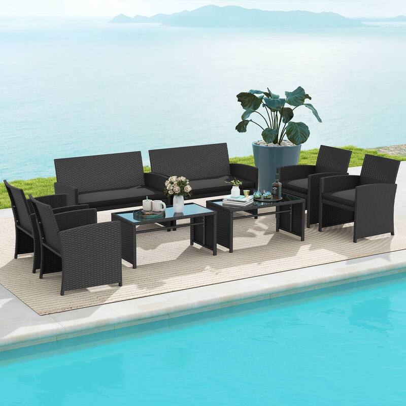 Gymax Set of 8 Patio Conversation Set w/Seat Cushions & Tempered Glass - Black