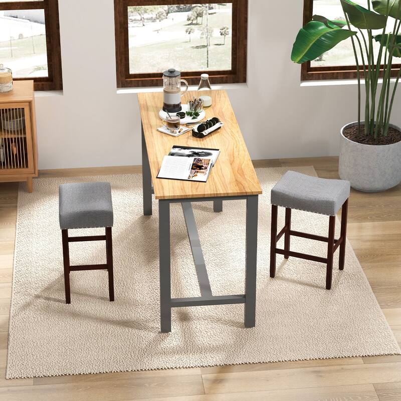 Set of 2 Backless Saddle Bar Stools with Linen Cushions and Rubber Wood Legs for Counter - 17" x 13" x 24" (L x W x H)