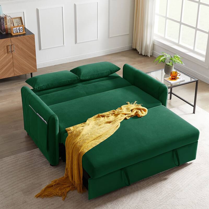 59.5" Modern Convertible Sofa Bed with 2 Detachable Arm Pockets, Velvet Loveseat Sofa with Pull Out Bed