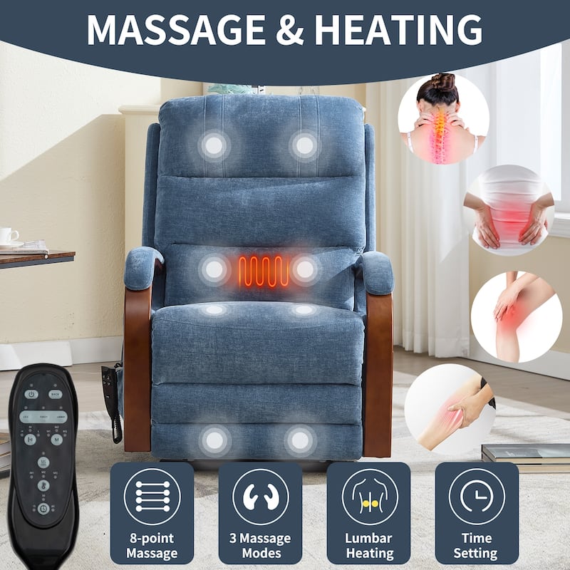 Chenille Power Lift Recliner with Massage & Wood Armrests