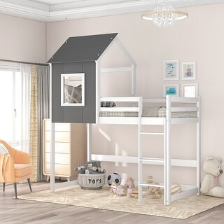 AOOLIVE Wood Twin Size Loft Bed with Roof,House Bed,Gray and ...