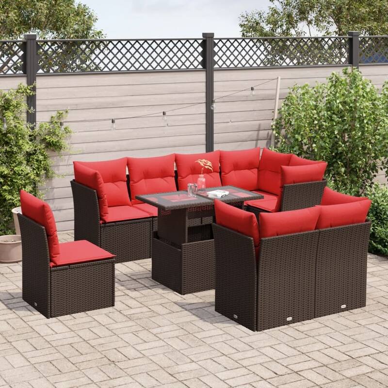 vidaXL Patio Sofa Set with Cushions Modular Outdoor Seating 9 Piece Poly Rattan - 24.4 x 24.4 x 27.2