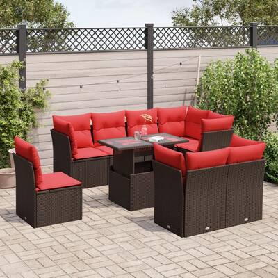 vidaXL Patio Sofa Set with Cushions Modular Outdoor Seating 9 Piece Poly Rattan - 24.4 x 24.4 x 27.2