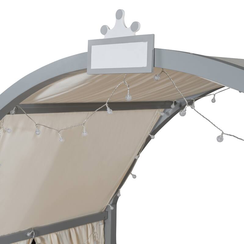 Wood Twin Size Bed Frame with Arched Roof, Floor Bed with Light and Curtain, Pull-out Kids Bed for Girls Boys Bedroom