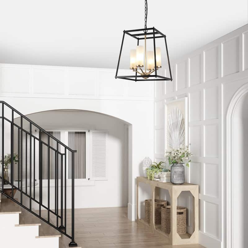 Modern 4-Light Black Gold Geometric Chandelier with Frosted Glass Shades - 14" L x 11" W x 17" H