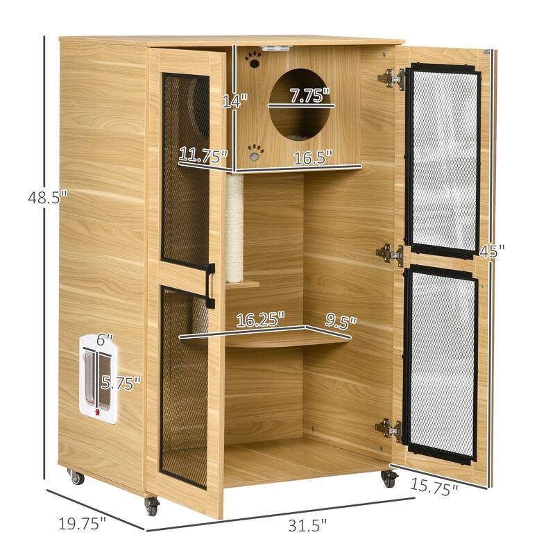 PawHut Luxury Cat House with Wheels, Kitty Cage Catio Villa for Indoor Cats with Scratching Posts, Condo, Flap Door, Cushion