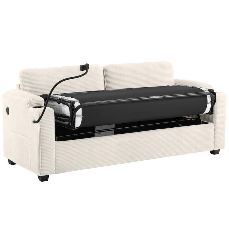 72.8" Corduroy Sleeper Sofa with Full Size Mattress and USB Ports, Loveseat Sofa with Cup Holders and Side Pockets