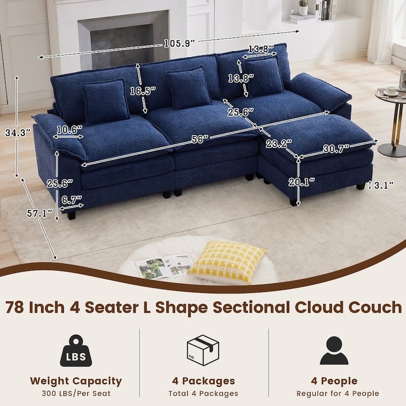 Modular Chenille Sectional Sofa with Ottomans, Deep Seat, Wide Padded Armrests, 2-Seat / 3-Seat / 4-Seat Options