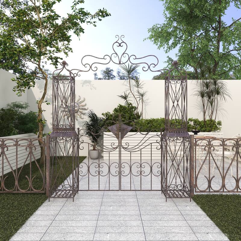 Black Metal Indoor Outdoor Scrollwork Arched Gate Garden Arbor with Pillars and Latch Lock Closure
