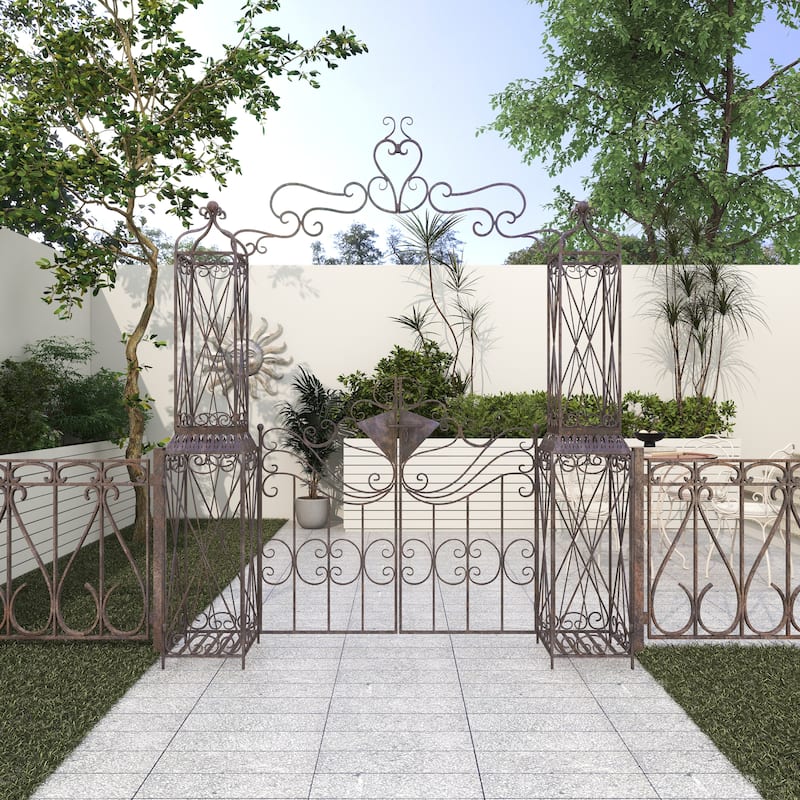 Metal Indoor Outdoor Scrollwork Arched Gate Garden Arbor with Pillars and Latch Lock Closure - Black - Roche River Decor