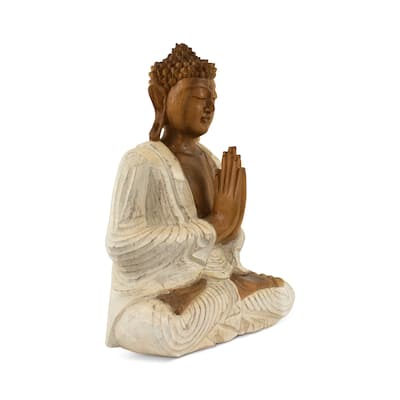 Wood Buddha Statue Hand Carved Whitewashed Anjali Mudra Sculpture, Namaste Zen Decor