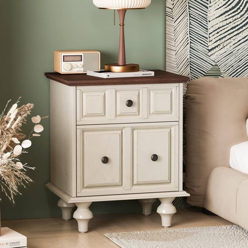 Vintage 2-Drawer Nightstand with Solid Wood Legs for Bedroom Storage Organization