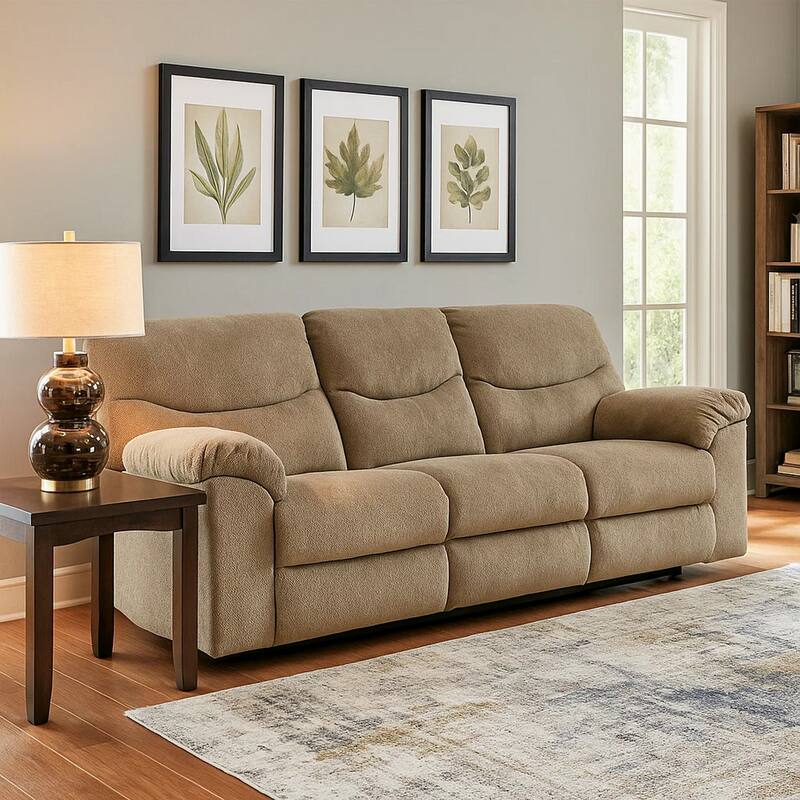 Tul 93 Inch Manual Recliner Sofa, Soft Cushioned, Beige Brown Polyester