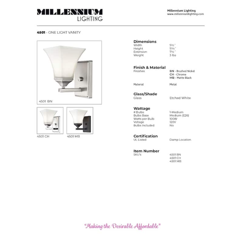 Millennium Lighting Metal 1 Light Wall Sconce with Etched White Glass