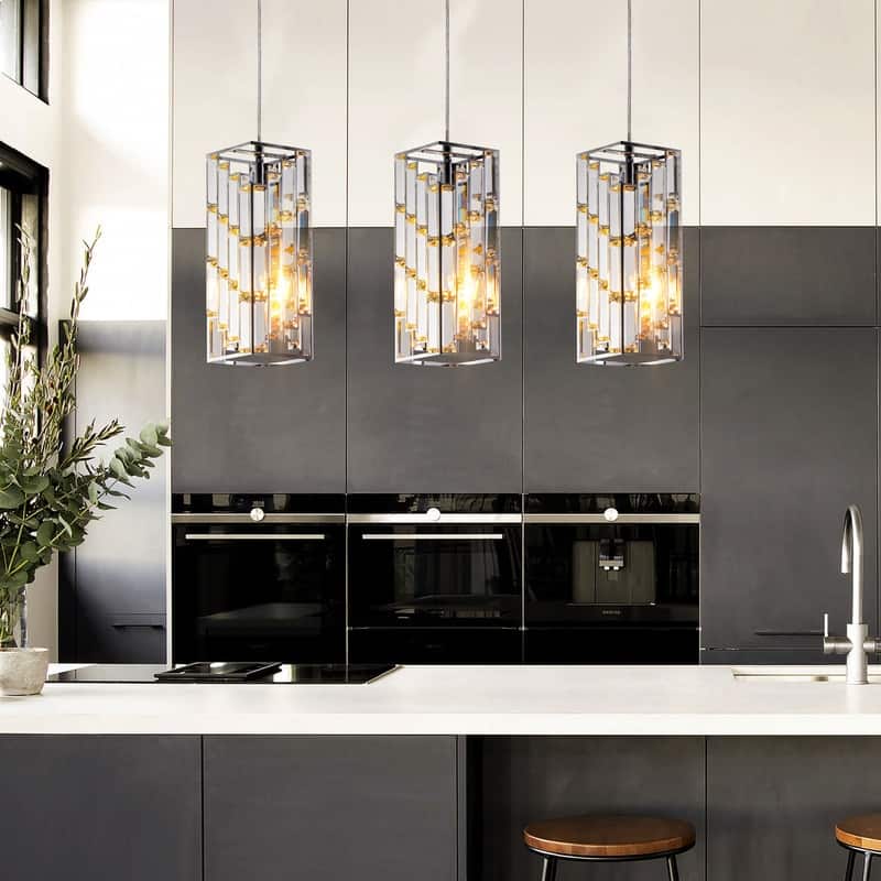 3-Pack Modern Crystal Pendant Lights – 4" Adjustable Hanging Lamps with Prism Design for Kitchen Island, Dining Room.