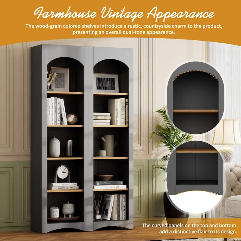 Roomfitters Modern 72"H 5-Tier Bookshelves Set of 2, Farmhouse Free Standing Bookcases with Adjustable Shelves for Living Room