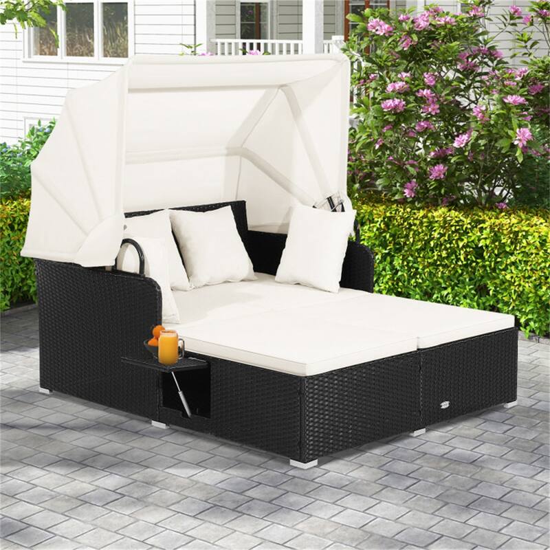 Rattan Daybed Lounge with Retractable Canopy and Side Tables - 65" x 60.5 x 58.5"