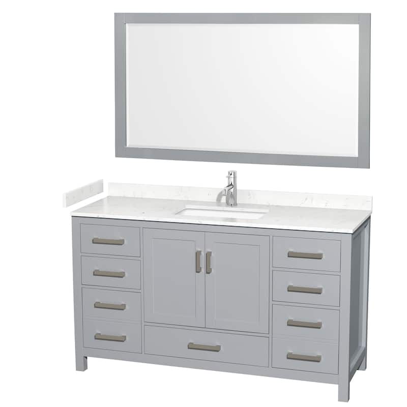 Sheffield Bathroom Vanity Set, Cultured Top, 58-Inch Mirror - 60-Inch Single - Gray, Carrara Cultured Marble Top, Chrome Trim
