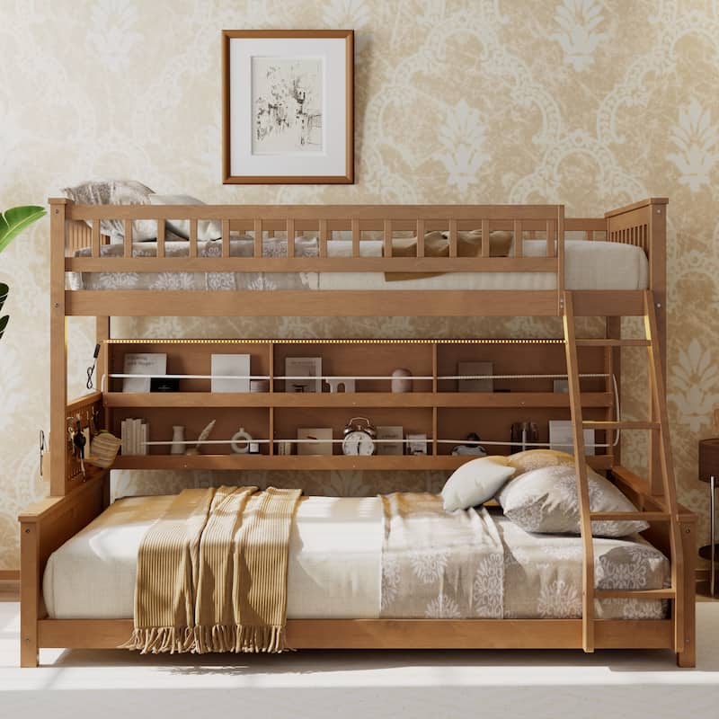 Twin XL over Queen Bunk Bed with Integrated Shelving, Color-Changing Lights and Pegboard