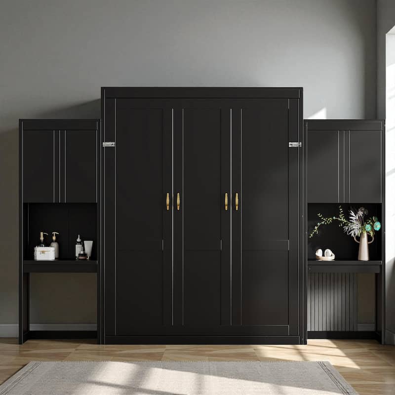 Queen Size Murphy Bed with Desk, Flip-Up Vanity & Cabinets, Space-Saving Wall Bed with Storage for Bedroom & Guest Room - Espresso - Queen