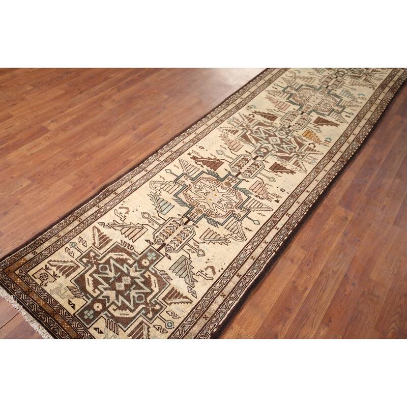 Beige Ardebil Vintage Persian Runner Rug Handmade Tribal Wool Carpet - 2'10" x 9'5"