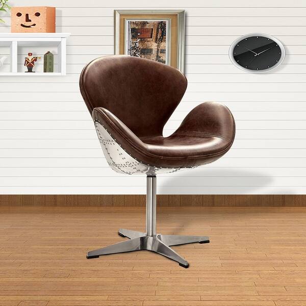 slide 1 of 4, Accent Chair (1Pc) in Retro Brown Top Grain Leather & Aluminum