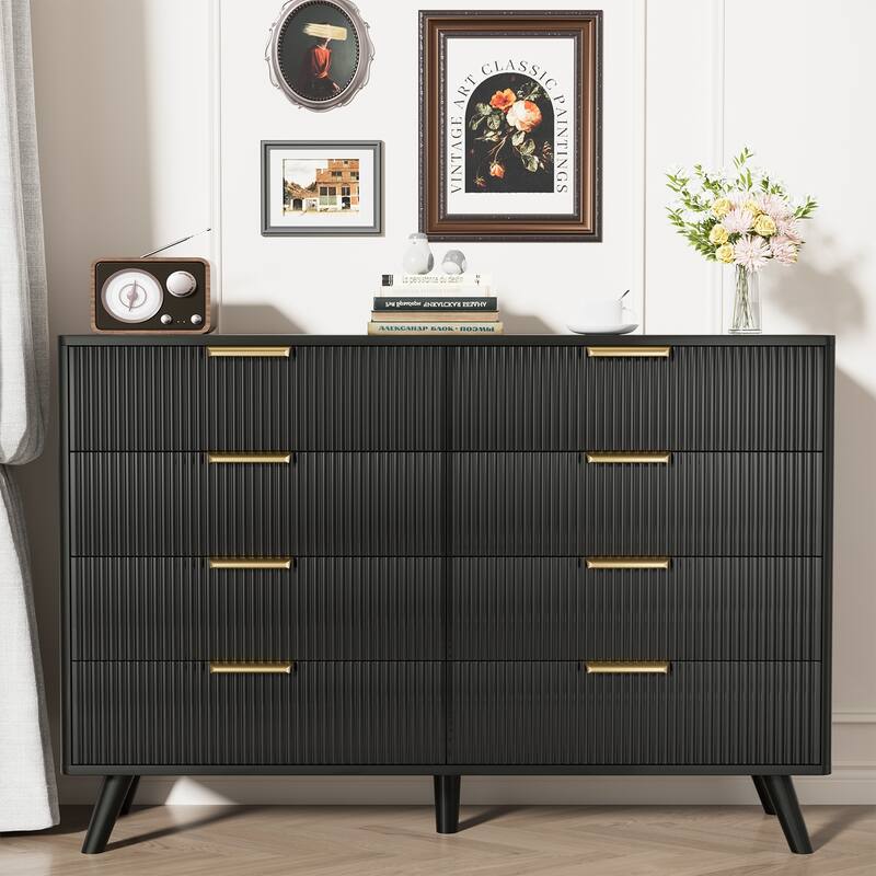 Gymojoy 8 Drawer Fluted Dresser for Bedroom, Modern Wave Pattern Wood Chest with Gold Handles, Boho Storage Dresser