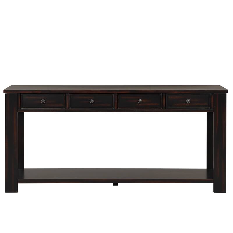 Pine Wood Console Table with 4 Drawers and Bottom Shelf for Entryway Hallway