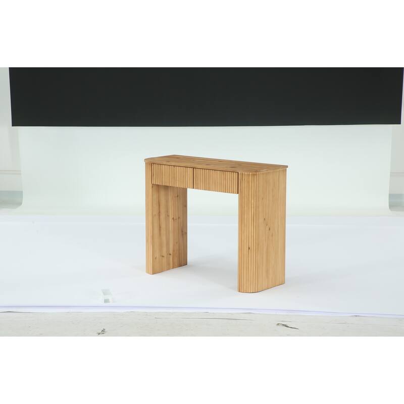 Solid Wood Fluted Console Table with Drawers, 38" Modern Compact Entryway Sofa Table - Natural