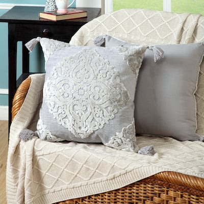 Sevita Silver Gray Traditional Textured Medallion Throw Pillow
