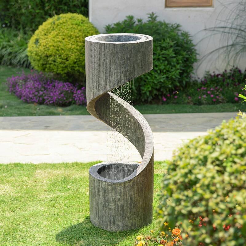 Glitzhome 40"H Modern Minimalist Spiral Oversized LED Polyresin Fountain with Planter