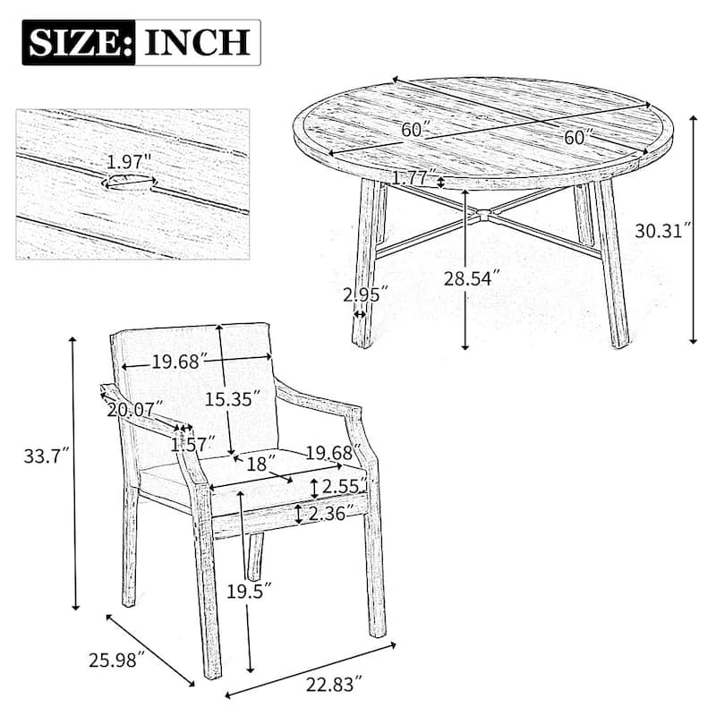 Outdoor 5-piece Dining Set with an Umbrella Hole and Removable Cushions for Patio