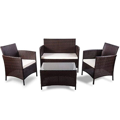 4 Pieces Brown Outdoor Rattan Sofa Seating Group Patio Convertion Set with White Cushions