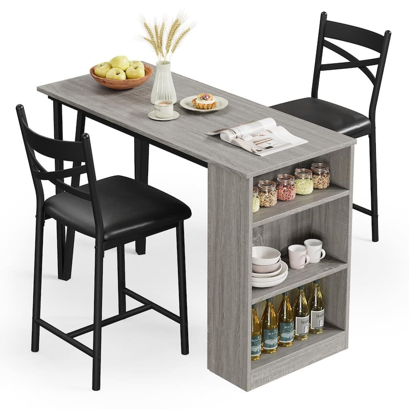 3-Piece 36in Wooden Counter Height Dining Table Set for Kitchen, Bar Table and Chairs - Grey