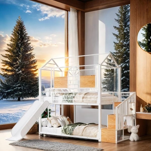 slide 2 of 36, Twin Over Twin Metal Housebed with Slide and Storage Stair, White