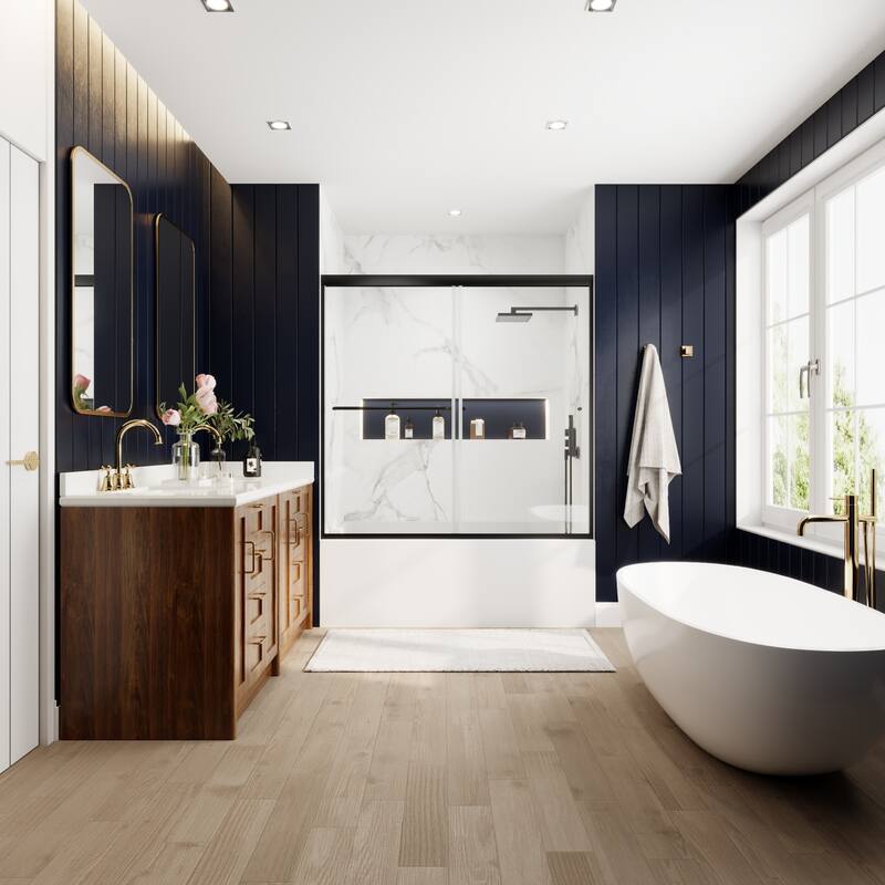 Modland 56-60" Sliding Bathtub Door, 1/4" ANSI Glass with Dual Protection Film, Matte Black Bypass Tub Enclosure