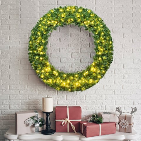 Gymax 48'' Pre-Lit Artificial Christmas Wreath Holiday Decoration w/ - Green - See Details