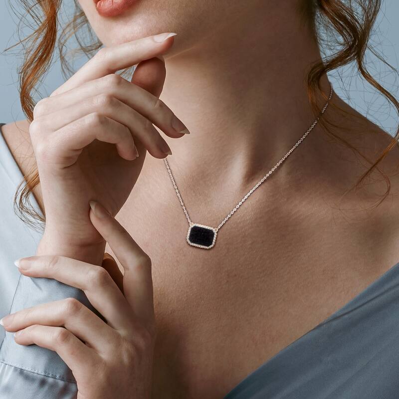 Miadora 5ct TGW Octagon-Cut Black Agate Halo Necklace Sterling Silver-17 in.