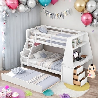 Twin Over Full Bunk Bed With Trundle,Desk,Drawers,Shelf for Bedroom