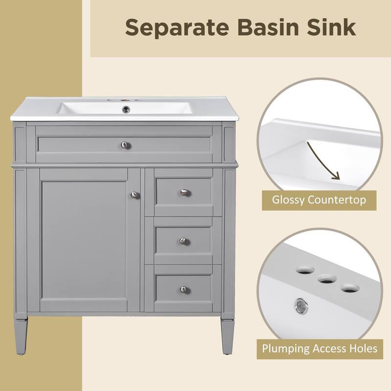 Single Sink Vanity for Bathroom Storage Cabinet with Tip-out Drawer, Small Drawer, Large Drawer, Door Rack and Adjustable Shelf
