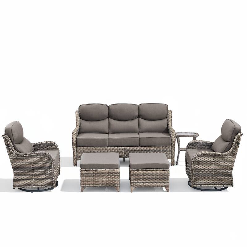 Meyreso 6-Piece Wicker Patio Conversation Set with Swivel Gliders and 6-Inch Thick Olefin Cushions