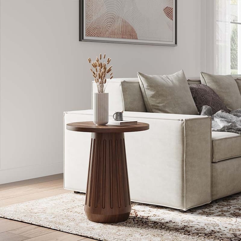 17.71" Modern Minimalist Round Side Table, MDF, Walnut Veneer - Walnut - 2-Pieces