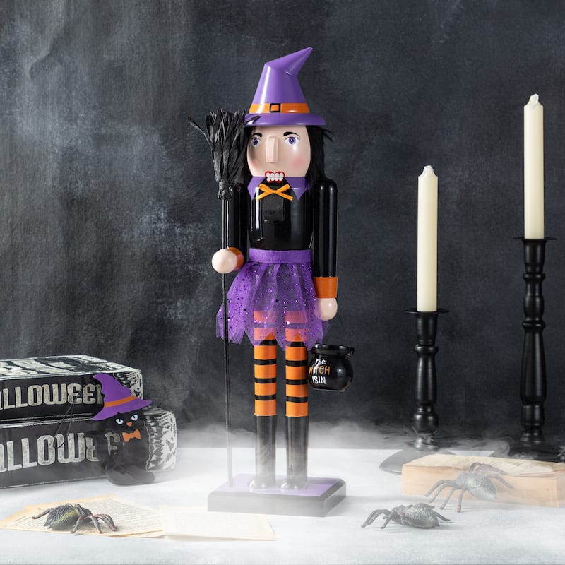 Glitzhome Set of 3 18.5"H Halloween Black Cat/Witch/Pumpkin Wood Nutcracker
