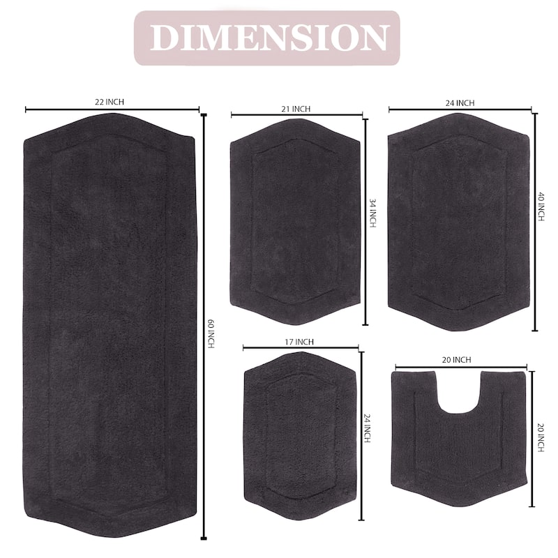 Waterford Collection 100% Cotton Non-Slip Bathroom Rug Set, Machine Washable Bath Rug, 5 Piece Bath Mat Set with Contour