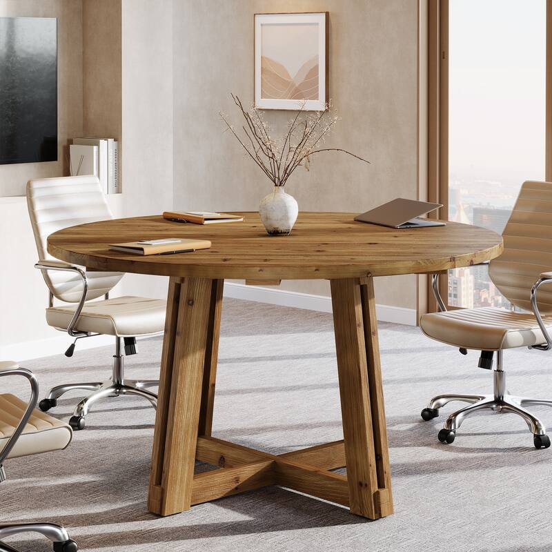 47'' Solid Wood Conference Table, Round Wood Meeting Table for 4-6