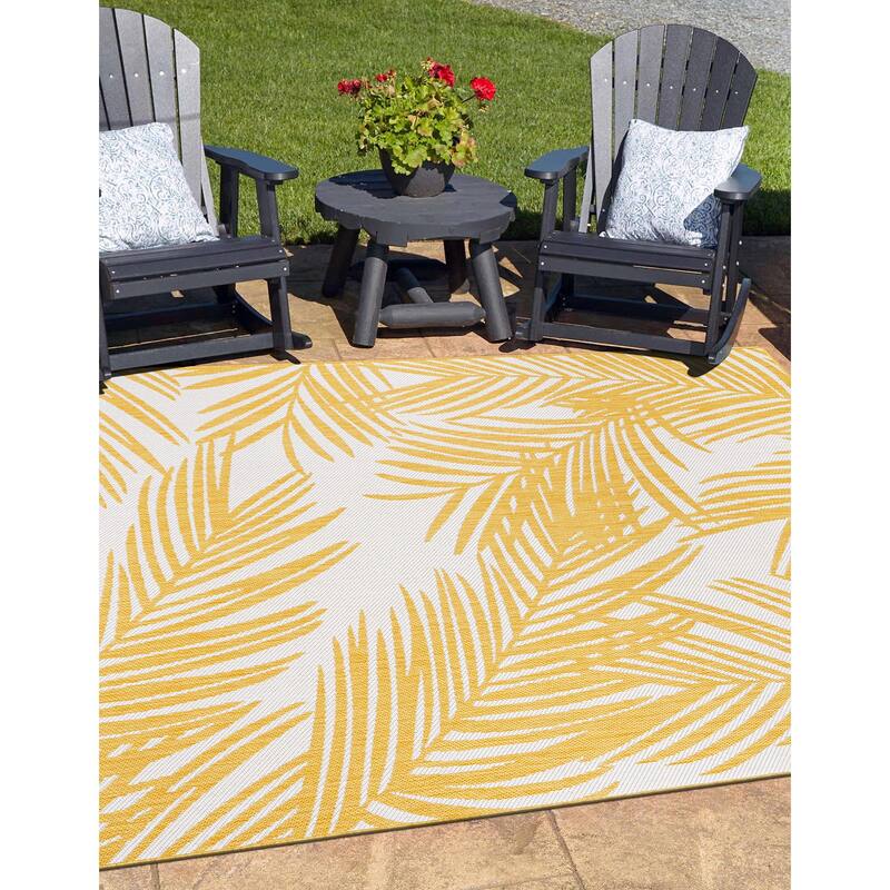 World Rug Gallery Contemporary Distressed Leaves Textured Flat Weave Indoor/Outdoor Area Rug - 7'10"X10' - Yellow