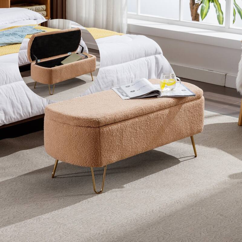 Modern Faux Fur Storage Ottoman Bench with Gold Legs for Living Room, Bedroom, Entryway