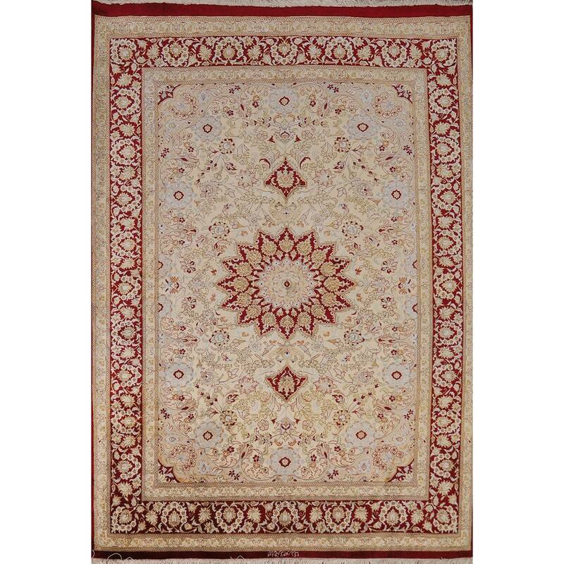 Handmade 100% Silk Qum Persian Accent Rug Traditional Beige Carpet - 4'4"x 6'3"